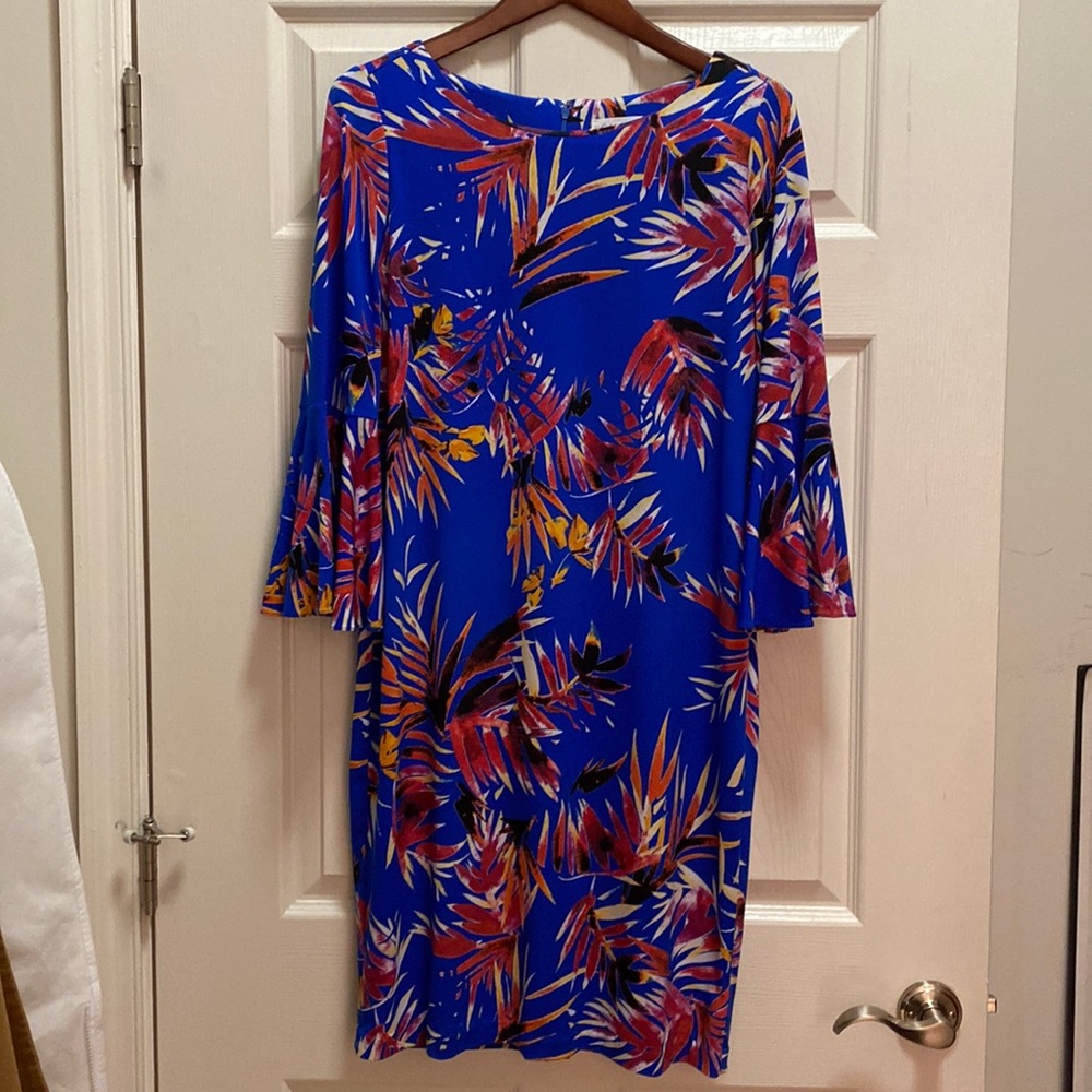 Tropical Calvin Klein Bell Sleeve Dress
